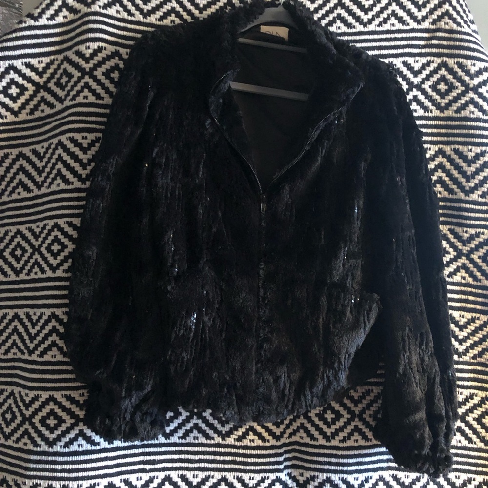 Chaser Faux Fur Sequin Bomber Jacket